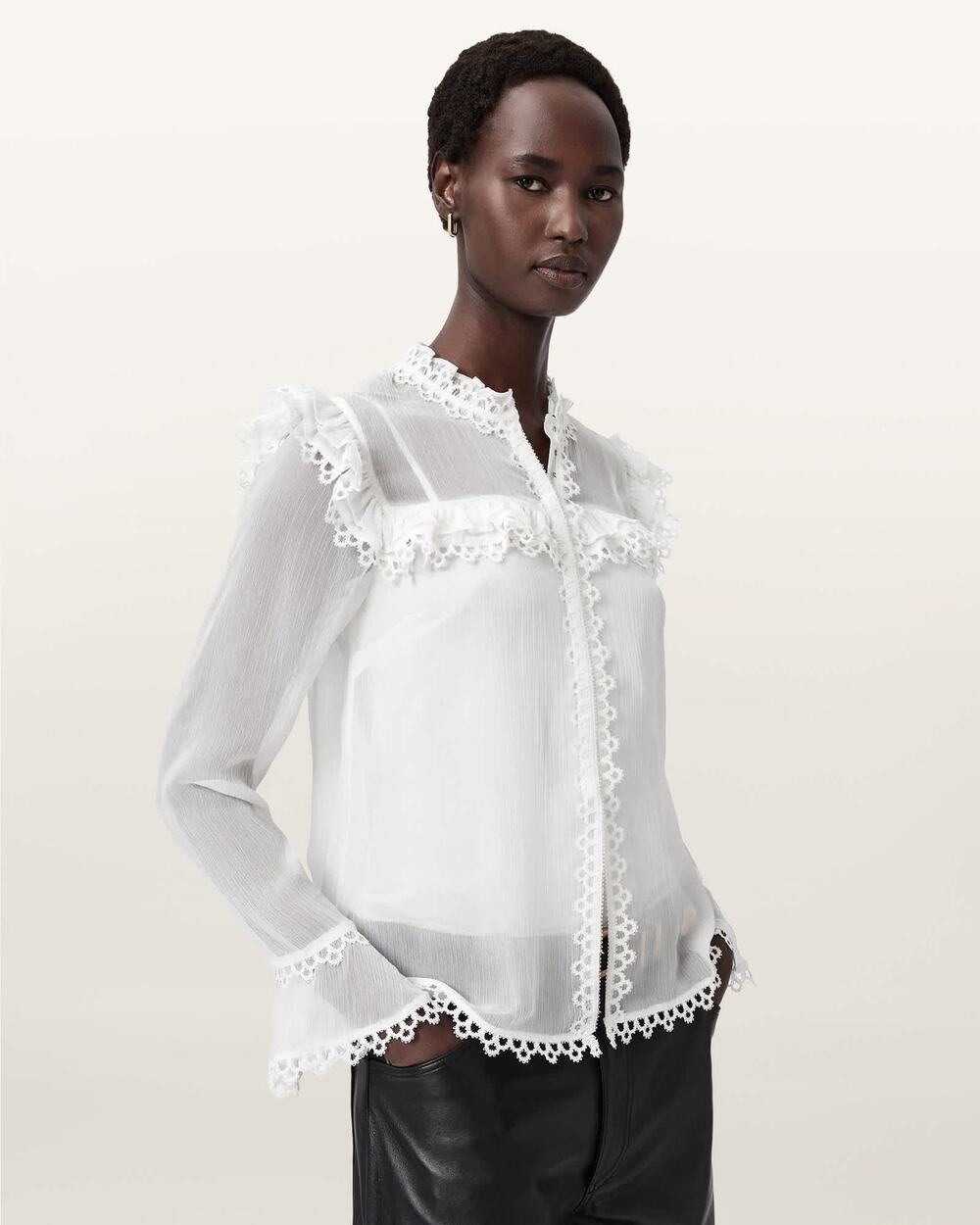 AllSaints Women’s Ciara Sheer Lace Ruffle Blouse Size 2 in Vintage White NWT